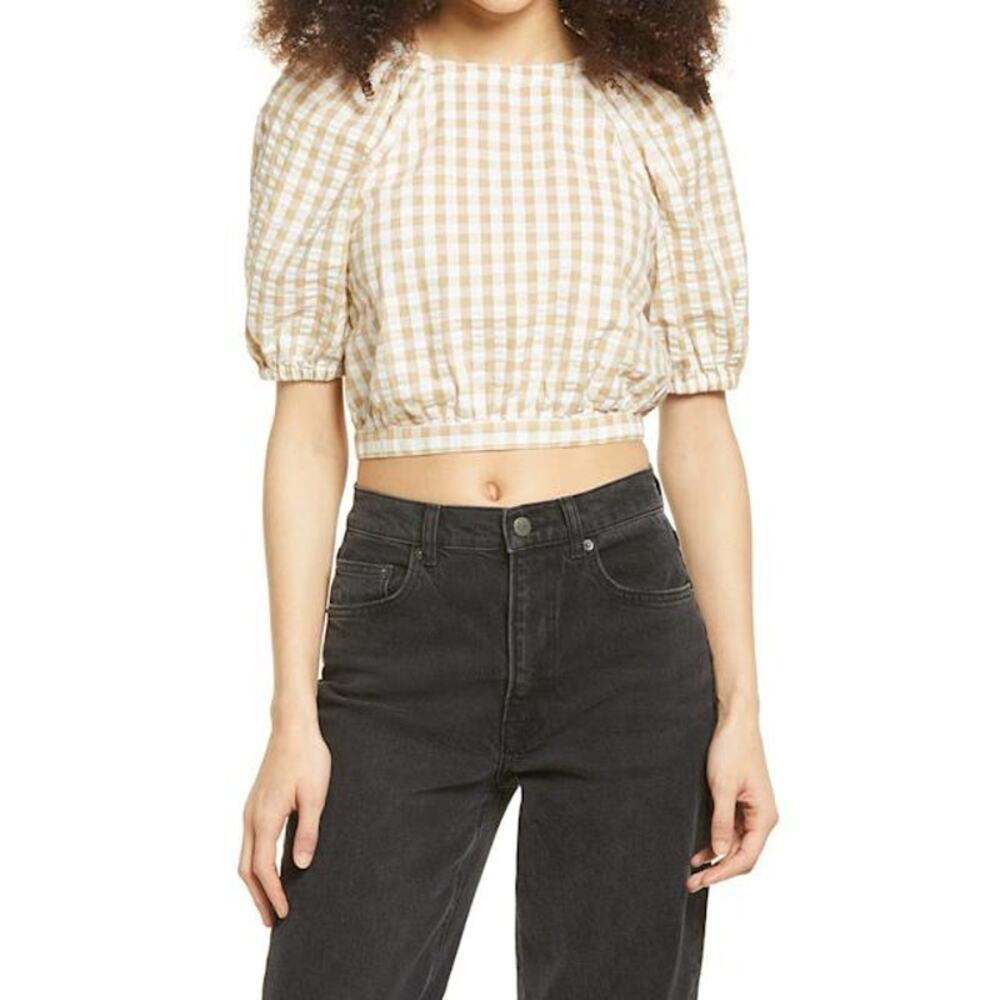 BP. Beige White Gingham Check Short Puff Sleeve Open Back Cropped Blouse Top XS
